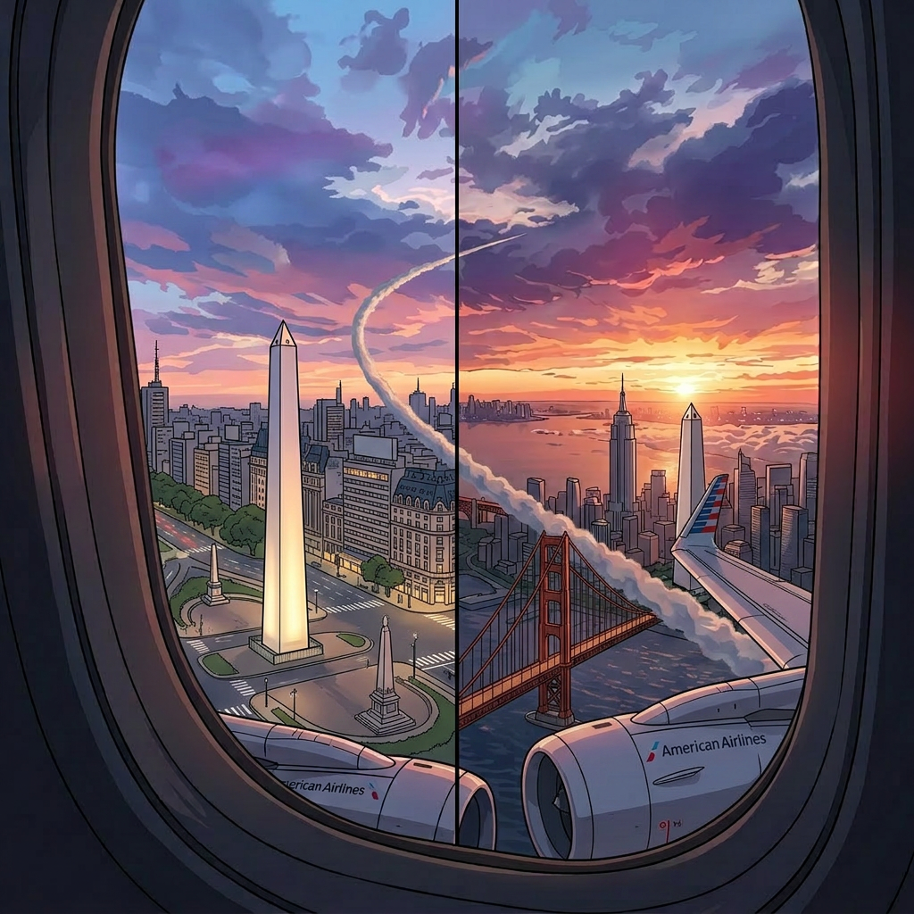 Airplane wing and engine with sunset and city skyline in background, contrail visible